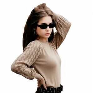 NWT Sioni Milano Heather Wheat Sweater Size XL Long Sleeves Pleated Lace Insets